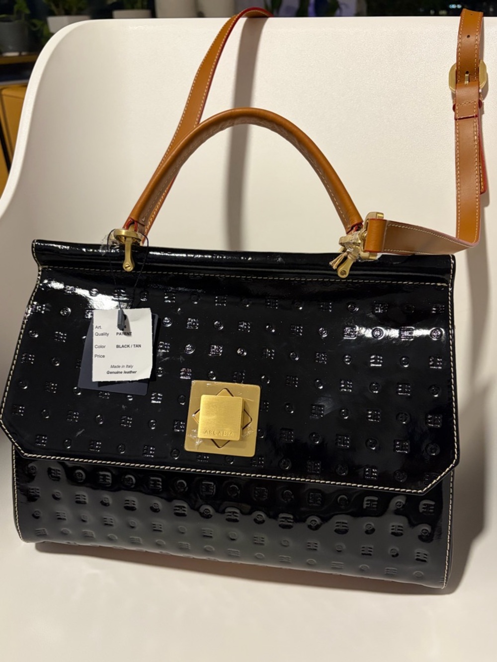 New Arcadia Black Patent Top-Handle Bag with Tan Strap